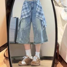 批发日本单高腰阔腿直筒七分牛仔<b class='q'>裤</b>女美式复古夏季新款梧桐短<b class='q'>裤</b>款中<b class='q'>裤</b>
