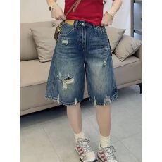 批发小红书推荐破洞<b class='q'>高腰</b>阔腿五分<b class='q'>牛仔</b>中裤女2026夏季美式复古休闲<b class='q'>短裤</b>