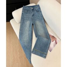 批发韩国东大门女装小雏菊刺绣窄版牛仔女秋季浅蓝高腰弹力九分直筒裤