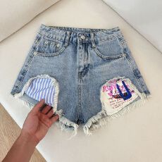 批发直播 夏季百搭A字牛仔短裤女浅蓝色做旧高腰破洞显瘦宽松阔腿短裤