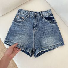 批发跨境 26夏高腰 A 字辣妹热裤复古刺绣宽松显瘦百搭阔腿牛仔短裤女