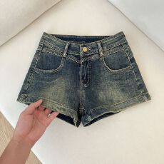 批发韩国单 高腰弹力超短裤女美式辣妹复古紧身牛仔包臀显瘦夏季热裤
