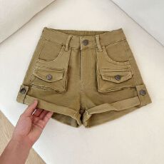 批发日本单 卡其牛仔短裤女高腰显瘦美式卷边辣妹弹力工装阔腿A字热裤