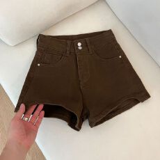 批发韩系 咖啡色美式牛仔短裤女26夏高腰辣妹弹力显瘦百搭A字阔腿热裤