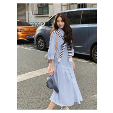 批发己出货 休闲简约<b class='q'>中长款</b>衬衫裙蓝色连衣裙春秋