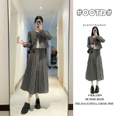 批发己出货 复古<b class='q'>小西装</b>春秋新款学院风百褶长裙两件套