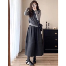 批发己出货  深灰色羊毛加绒花苞裙小个子毛呢中长款伞裙