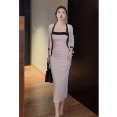 批发己出货 气质性感撞色吊带<b class='q'>连衣裙</b>开衫御姐套装