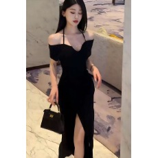 批发己出货 时尚一字肩挂脖连衣修身显瘦开叉<b class='q'>礼服</b>长<b class='q'>裙</b>子