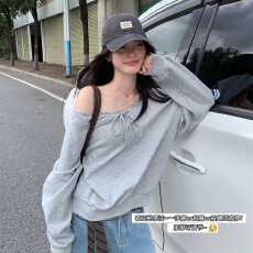 批发己出货 绑带斜肩宽松卫衣秋季韩系慵懒风套头时尚感