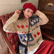 批发重工日系森女系复古童趣鸭鸡爱心提花圆领单排毛衣<b class='q'>针织</b><b class='q'>开衫</b>