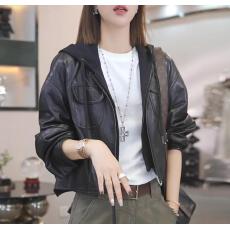 批发短外套女2025早秋新款连帽拼接设计感皮衣夹克上衣