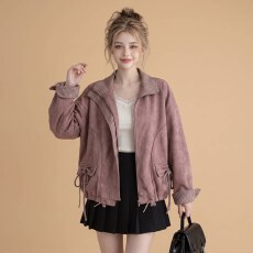 批发<b class='q'>甜美</b>显瘦宽松皮衣外套女2026年春秋季新款设计感时领系带短款夹克