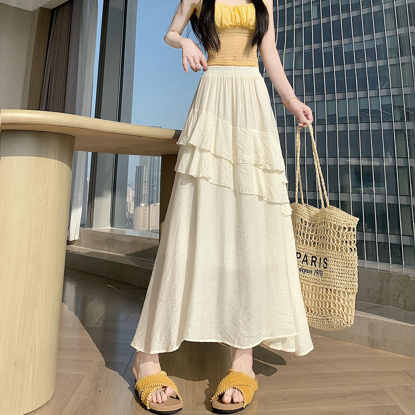 불규칙 프릴 반신 스커트 여성 여름 새로운 쉬폰 플리츠 우산 치마 도루 센스 한 마디 큰 진자 롱 스커트