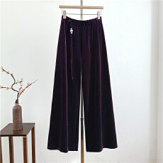 批发实拍新中式百搭长裤金丝绒休闲裤阔腿裤女秋