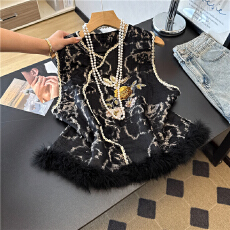 批发实拍新中式立领斜襟高级感钉珠驼鸟毛上衣马夹坎肩