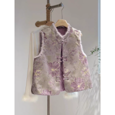 批发新中式国风盘扣真丝宋锦夹棉马夹2025新款水貂毛棉服坎肩