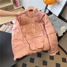 批发实拍水貂毛羽绒服提花缎面新中式国风棉服女加厚保暖