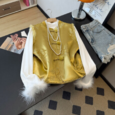 批发实拍新中式高级感缎面刺绣夹棉保暖马夹水貂毛坎肩秋冬