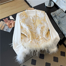 批发实拍新中式织锦提花驼鸟毛马夹国风坎肩打底衫套装女秋冬