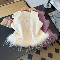 批发实拍新中式提花驼鸟毛马夹打底衫国风套装女秋冬