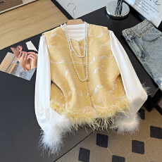 批发实拍新中式提花绒面驼鸟毛夹棉保暖坎肩国风高级感打底衫套装秋冬