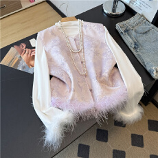 批发实拍新中式驼鸟毛提花夹棉保暖马夹国风坎肩打底衫套装女秋冬