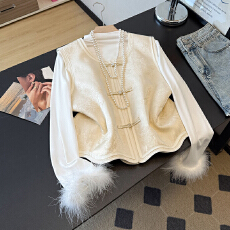 批发实拍新中式缎面提花夹棉保暖马夹驼鸟毛打底衫套装女秋冬