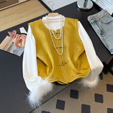 批发实拍新中式设计感提花缎面马夹国风坎肩驼鸟毛打底衫套装秋冬