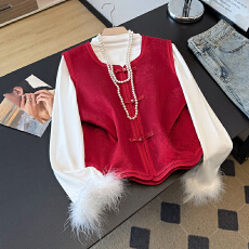 批发实拍新中式设计感提花缎面马夹国风鸵鸟毛打底衫套装女秋冬