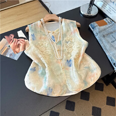 批发实拍新中式圆领重工钉珠马夹复古夏季薄款坎肩女