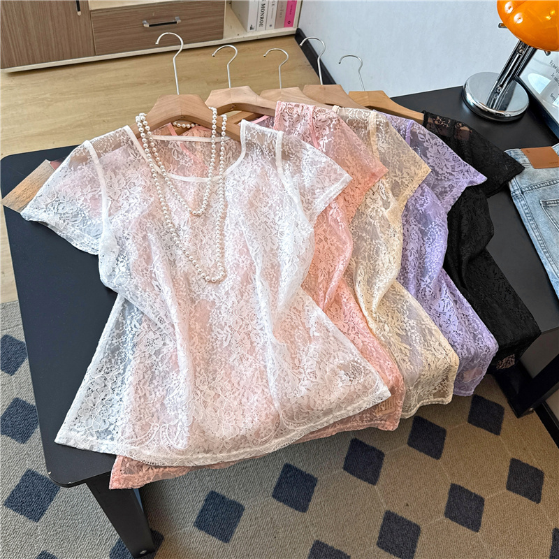 실사 레이스 기본 셔츠 레트로 다용도 속눈썹 작은 셔츠 여성 여름