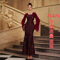 批发跨境<b class='q'>欧美</b>女装新款高级长袖V领修身宴会亮片中长款晚<b class='q'>礼服</b>连衣裙女