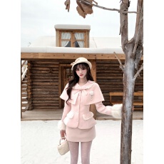 批发越韩小鱼 白茶花影 法式千金风毛领毛呢斗篷外套半裙名媛两件<b class='q'>套装</b>