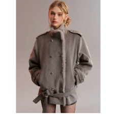 批发QDQD 复古高级感立领灰色大衣<b class='q'>秋</b>冬双排扣拼接毛毛气质毛呢外套女