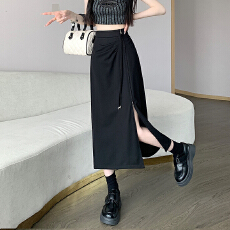 实拍设计感开叉休闲半身裙女高腰中长款裙拉链开叉裙褶皱直筒裙子