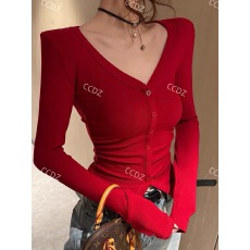 批发纯欲风<b class='q'>V领</b>正肩纽扣长袖针织衫女2025春新款修身显瘦性感辣妹上衣
