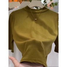批发黑色半高领中袖打底衫女春秋新款修身内搭五分袖T恤显瘦<b class='q'>百搭</b>上衣