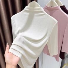 批发白色半高领中<b class='q'>袖</b><b class='q'>T</b><b class='q'>恤</b>女秋季面膜针织打底衫五分<b class='q'>袖</b>内搭薄款皮肤上衣