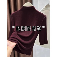 批发酒红色半高领针织短<b class='q'>袖</b><b class='q'>T</b><b class='q'>恤</b>女秋季新款修身内搭五分<b class='q'>袖</b>打底衫上衣