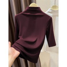 批发高端莱赛尔天丝<b class='q'>t</b><b class='q'>恤</b>五分<b class='q'>袖</b>针织衫气质半高领打底衫红色中<b class='q'>袖</b>上衣女