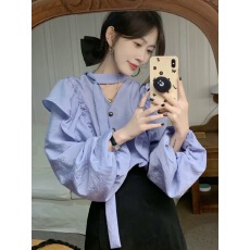 批发法式紫色灯笼袖<b class='q'>衬衫</b>女春秋2025新款设计感小众<b class='q'>衬衣</b><b class='q'>雪纺</b>荷叶边上衣