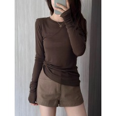 批发天丝羊毛轻薄圆领咖色微透防晒<b class='q'>长袖</b>T恤女秋季薄款罩衫打底衫上衣
