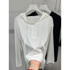 批发欧货纯色2025春夏新款连帽薄款T恤女<b class='q'>长袖</b>宽松白色休闲百搭<b class='q'>防晒衫</b>