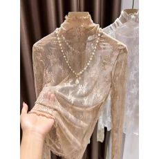 批发高级感木耳边蕾丝打底衫女秋季叠穿内搭薄款透视纱衣高领网纱上衣