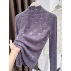 批发紫色蕾丝磨毛半高领打底衫女修身提花有设计感的法式温柔气质上衣