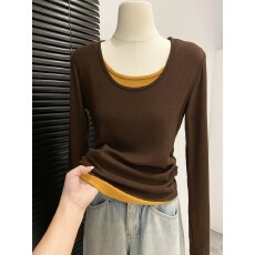 批发撞色拼接假两件长袖<b class='q'>t</b><b class='q'>恤</b>女2025秋季新款修身显瘦正肩短款打底上衣