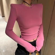 批发秋冬新款加绒圆领长袖<b class='q'>T</b><b class='q'>恤</b>女修身短款辣妹风打底衫高级感纯欲上衣