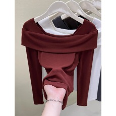 批发安可拉红一字肩长袖T恤女早<b class='q'>秋</b>季高级感韩系穿搭气质欧货上衣