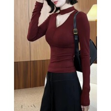 批发今年流行爆款辣妹风挂脖<b class='q'>V领</b>长袖<b class='q'>T</b><b class='q'>恤</b>女装小个子收腰显瘦打底衫上衣